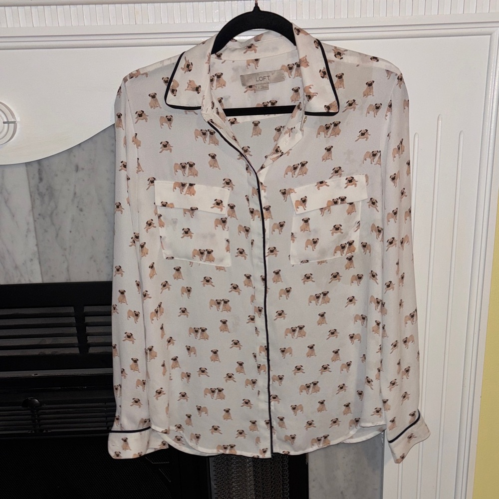 LOFT Cream Blouse with Pug Dog Pattern and Black Piping